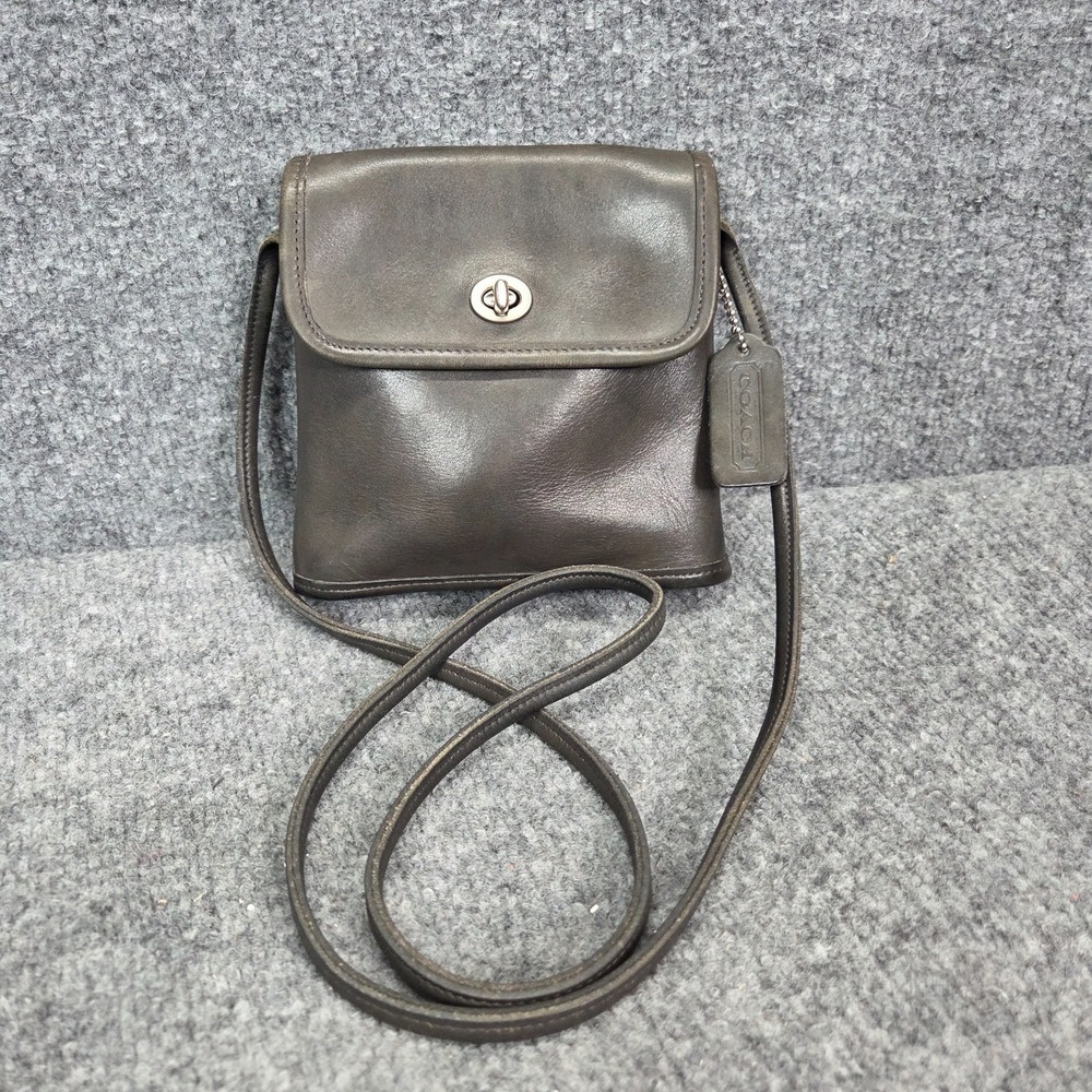 Vintage 90s Coach Women's Gray Leather Tango Turnlock‎ Purse Mini Crossbody Bag